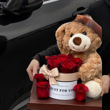 Load image into Gallery viewer, Beret cute bear immortality flower rose hug bucket gift box acrylic ornament for girlfriend Valentine&#39;s Day
