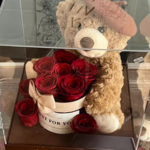 Load image into Gallery viewer, Beret cute bear immortality flower rose hug bucket gift box acrylic ornament for girlfriend Valentine&#39;s Day
