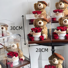 Load image into Gallery viewer, Beret cute bear immortality flower rose hug bucket gift box acrylic ornament for girlfriend Valentine&#39;s Day
