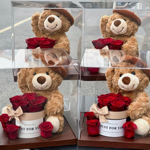 Load image into Gallery viewer, Beret cute bear immortality flower rose hug bucket gift box acrylic ornament for girlfriend Valentine&#39;s Day
