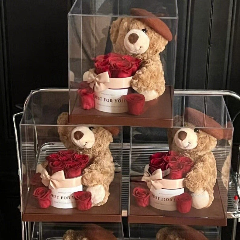 Beret cute bear immortality flower rose hug bucket gift box acrylic ornament for girlfriend Valentine's Day
